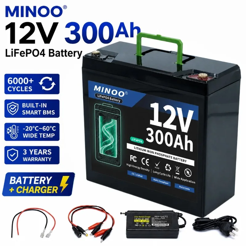 12V 300Ah LiFePO4 Solar Battery Deep Cycle Rechargeable Built-in BMS Lithium 300000mAh for Power Wheels Scooters Fish Finder