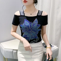 2024 New Arrival Elegant Tank Tops Printed Flowers Charming Spring Summer Mesh Woman M-3XL Trend Diamond Set Charming