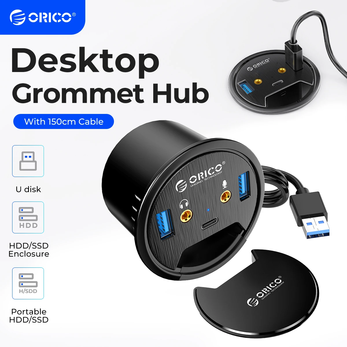 ORICO Desktop Grommet USB 3.0 HUB With Headphone Microphone Port Type C Card Reader OTG Adapter Splitter For Laptop Accessories