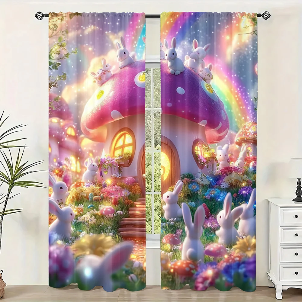 

2pc, Colorful Spring Window Drapes Mushroom House Rabbit Flower Versatile Polyester,Without Electricity Family Party Use for