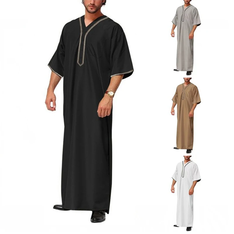 Caftán islámico de media manga para hombre, ropa musulmana de Color sólido con cuello en V, suelta, informal, Pakistán, Arabia Saudita, Ara, Dubái,