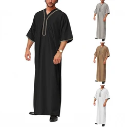 Islamitische Kaftan Mannen Halve Mouw Effen Kleur V Hals Moslim Kleding Losse Casual Pakistan Saudi Ara Dubai Jubba Thobe Plus Size