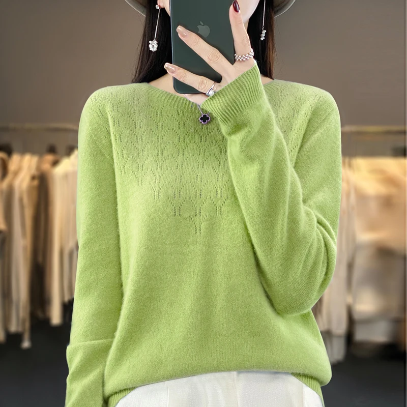 Autumn 100% Wool Sweater Women O-neck Hollow Out Long Sleeve Top Winter Fashion Casual Knitted Female Warm Loose Pullover Jumper