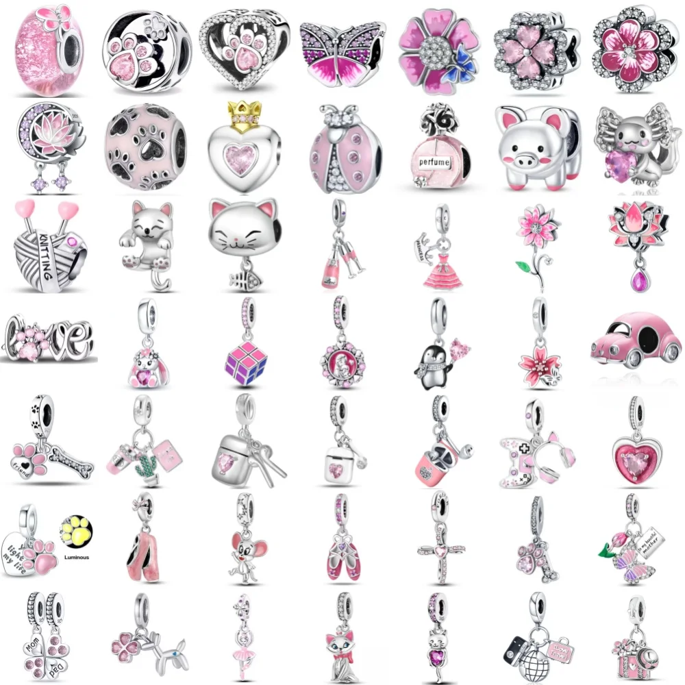 New 925 Silver, Pink Ladybug, Car, Dog Claw Bead Cross, Dance Shoe Pendant, Original Bracelet DOY Accessories Exquisite Jewelry