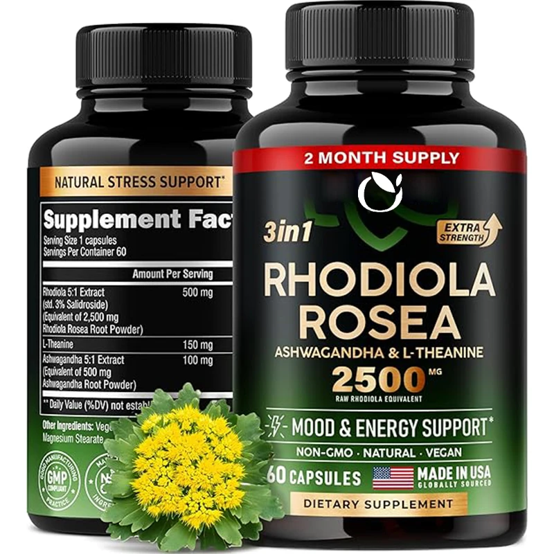 Rhodiola Rosea Supplement- Rhodiola Extract 5:1 | 3% Salidroside - Ashwagandha & L-Theanine -  60 Capsules