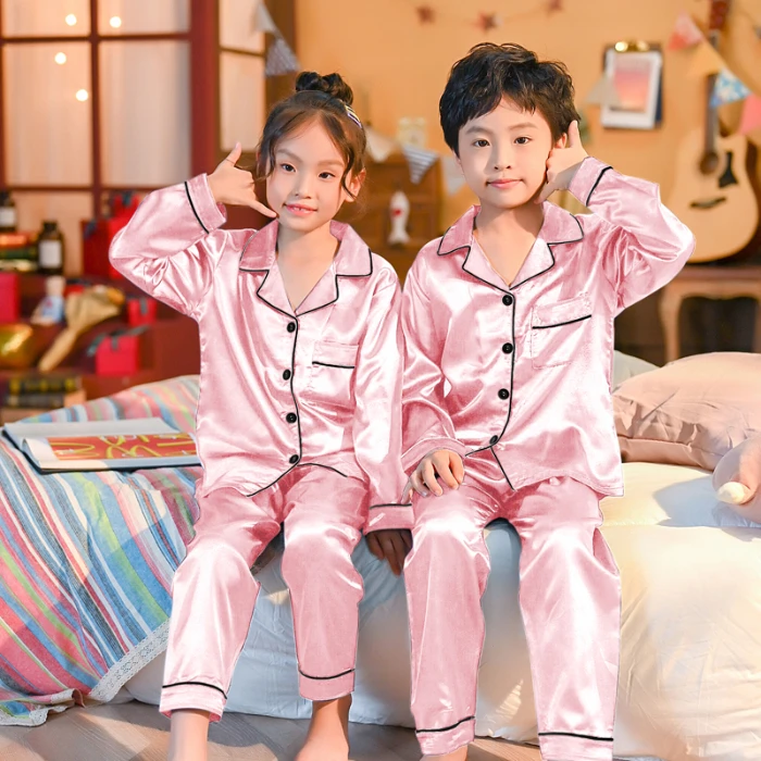 Four Season Children\'s Satin Silk Pajamas Sets Kids Pyjamas Girls SSleepwear Pijamas Infantil Solid Color Teenager Loungewear