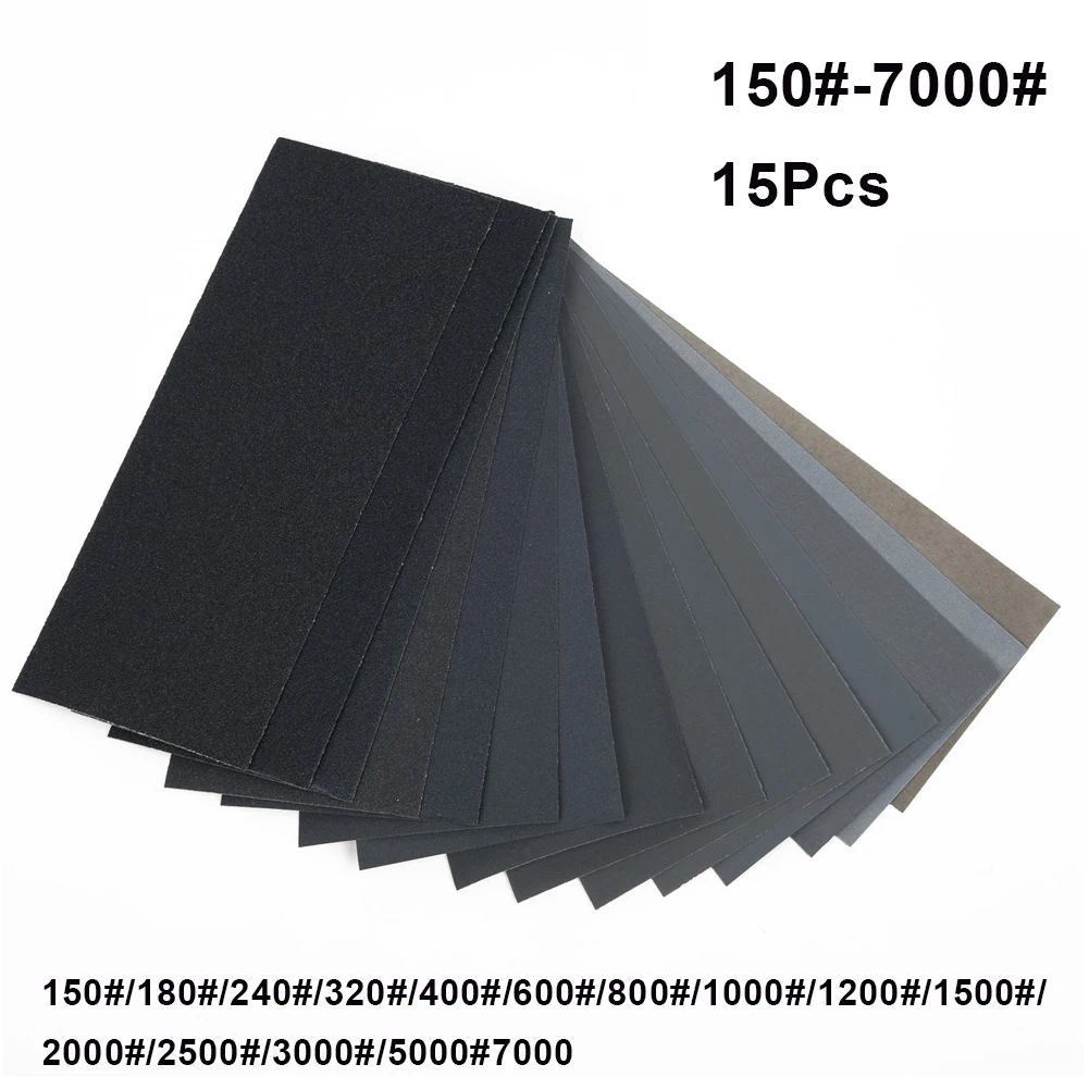 15Pcs Sandpapers Wet Dry Use Assorted Sand Paper Sheets Home Coarse 150-7000 Grit Polishing Car Metal Glass Wood Sandpaper