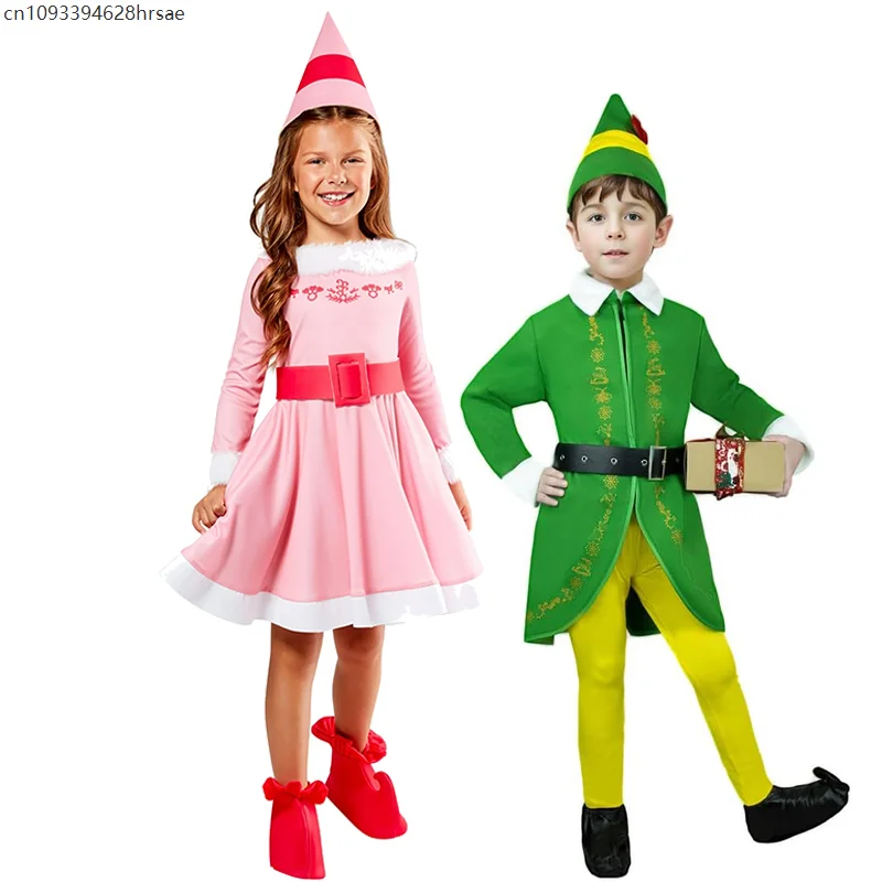 

2025 New Arrival Child New Year Holiday Dress Up Green Buddy the Elf Boy Christmas Outfit Pink Jovi Elf Girls Costume
