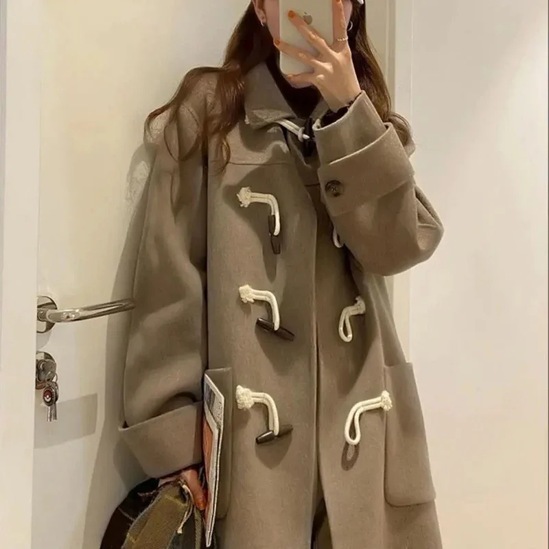 

Korean Vintage Coat Women Loose Straight Cow Horn Button Fall Winter Jacket Fashion Elegant Basic Pockets Pretty Style Outwear