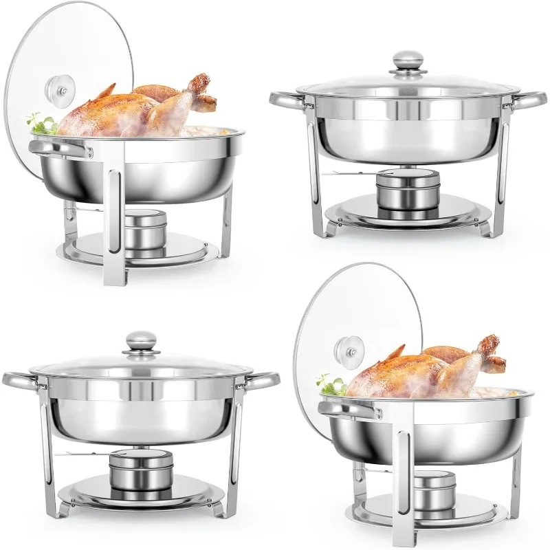 5 QT Chafing Dishes, 4 Pack Premium StainlessSteel Complete Set, Round Chafing Dish Buffet Set, Heating and Cooling Chafing Dish