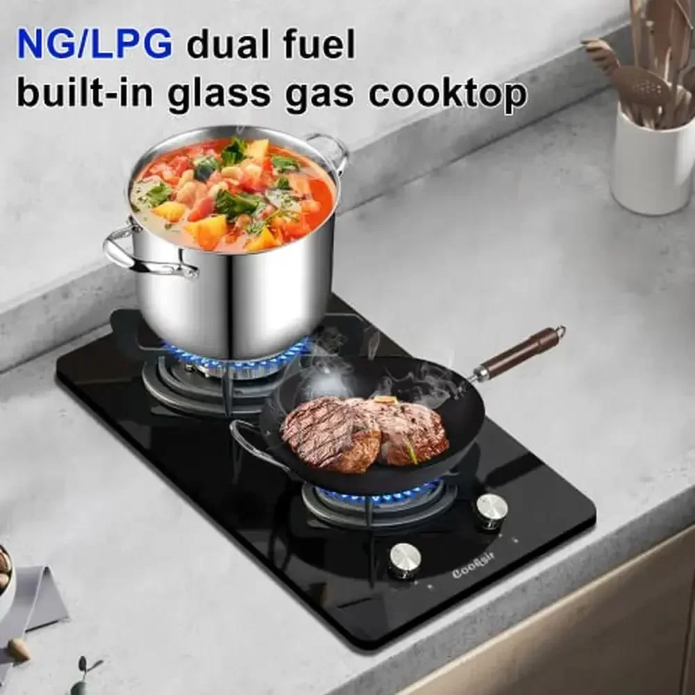 12" Gas Stove 2 Burners Dual Fuel LPG/NG Built-in Propane Cooktop Tempered Glass Top Safety Electric Ignition Kitchen Fixture