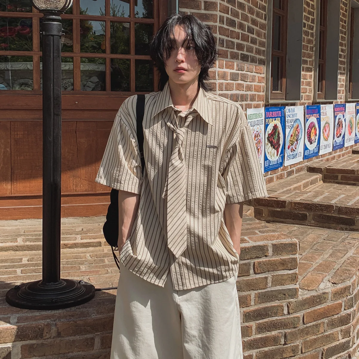 

Summer New Fashion Men's Striped Loose Daily Casual Trendy Simple Basic Short Sleeve Turn-down Collar Breasted Shirts Male Tops