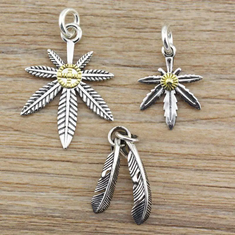 S925 Sterling Silver Thai Silver Jewelry Necklace DIY Accessories Hanger Original Gold Dotted Feather Maple Leaf Pendant