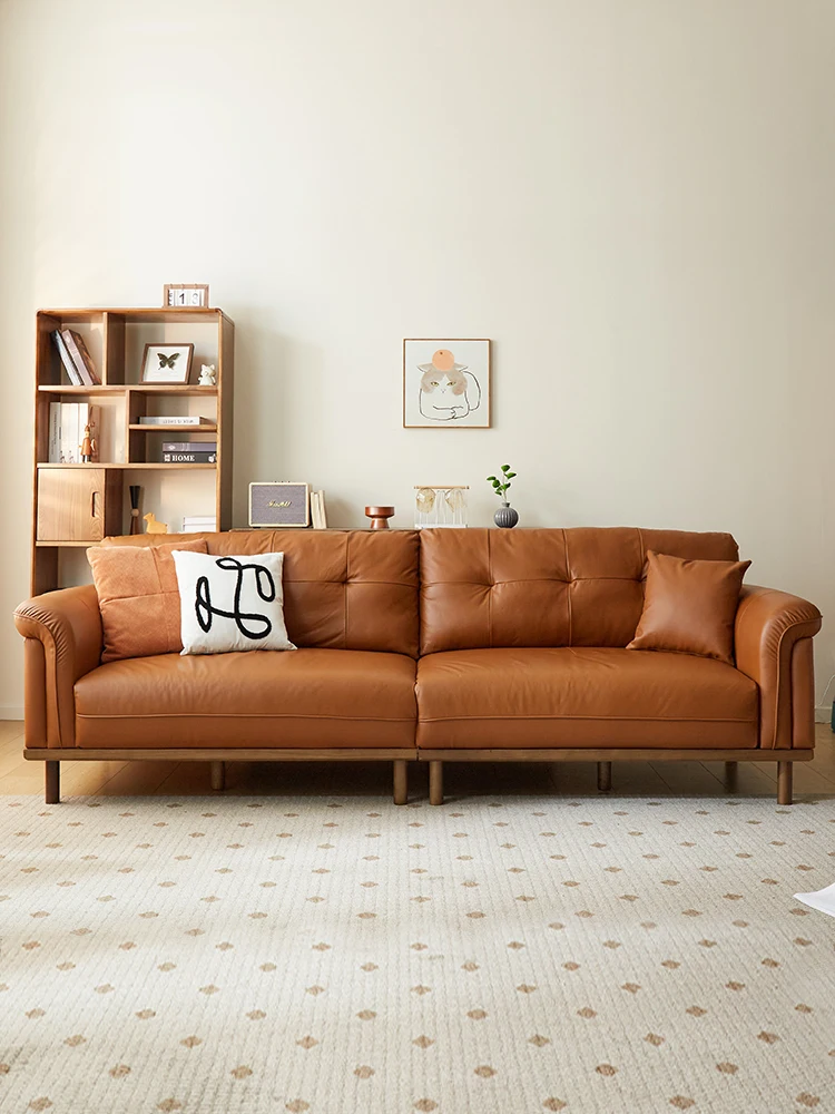 Nordic leather sofa first layer cowhide living room small apartment retro style home double new straight row solid wood sofa