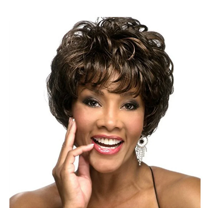 

European and American , women's fluffy natural short hair, brown synthetic , high-temperature fiber wigs with rose