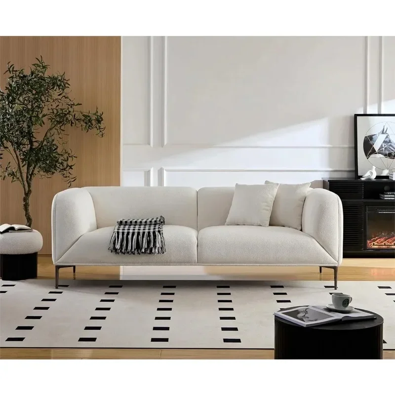 أريكة مخملية حديثة بثلاثة مقاعد من منتصف القرن مع وسادتين، أريكة فاخرة بمقعدين عميق، تصميم بسيط