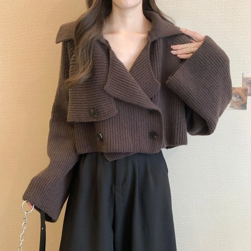 Women's Short Cropped French Relaxed Knitted Cardigan - Collared Long Sleeve Top Versatile Fashionable for Spring/Autumn 2025