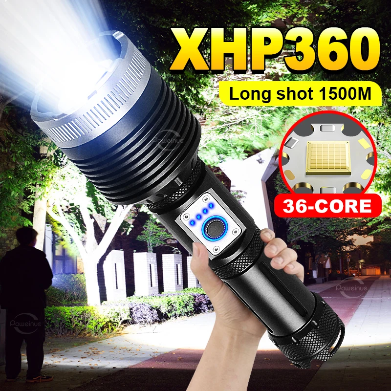 Super XHP360 1500M Power LED flashlight 18650 Torch USB Rechargeable Light Lantern IPX6 Waterproof Zoom switching mode Camping