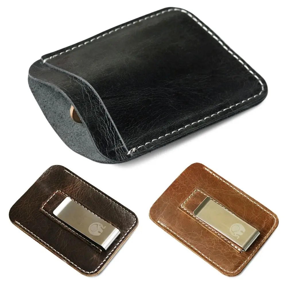 Fashion Thin Genuine Leather Money Clip Mini Wallet Men Credit Card Slot Slim Bills Metal Cash Clamp for Man Billfold Holder