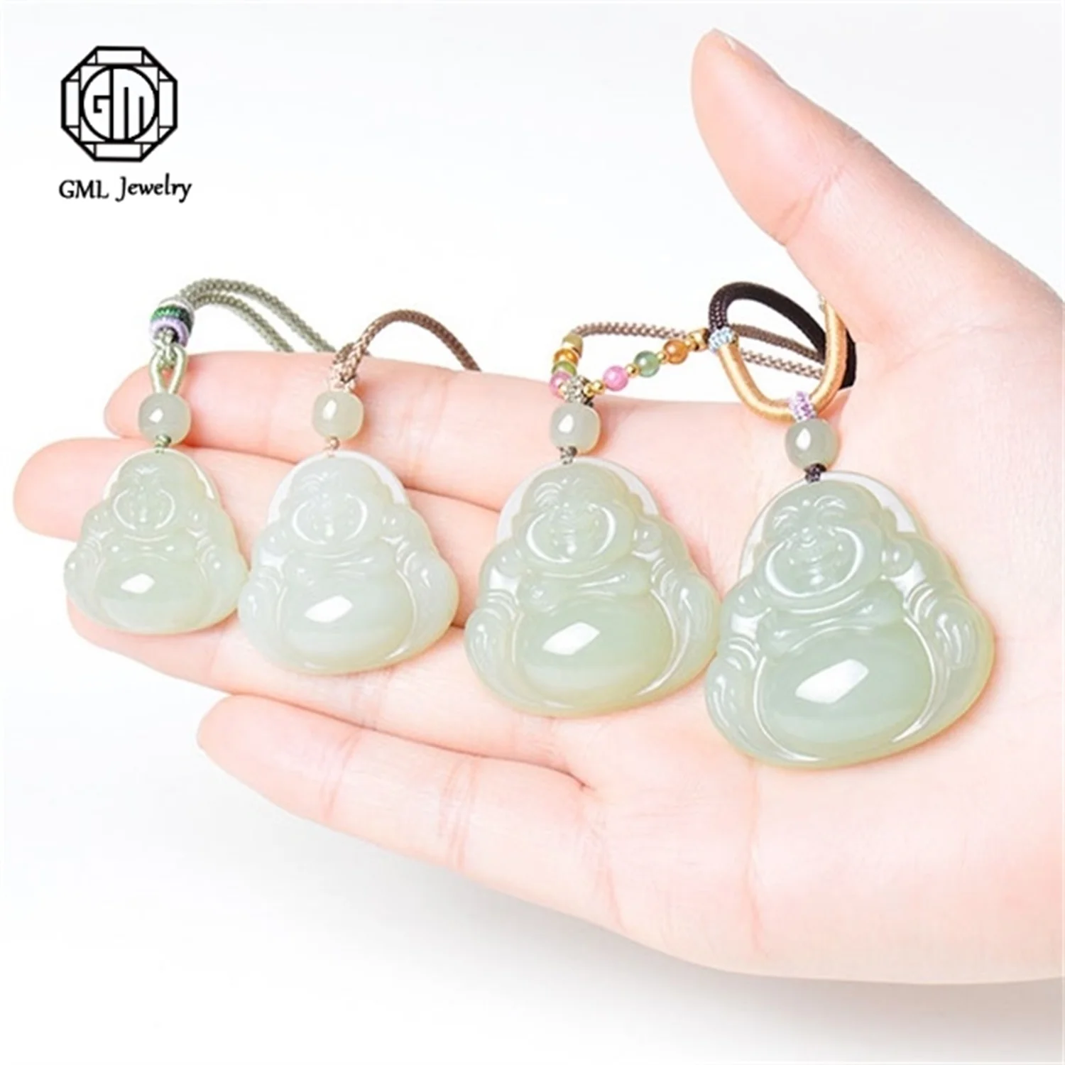 Natural Hetian Jade Sky Blue Water Laughing Buddha Pendant Necklace Unisex Elegant Traditional Blessing Amulet Daily Wear