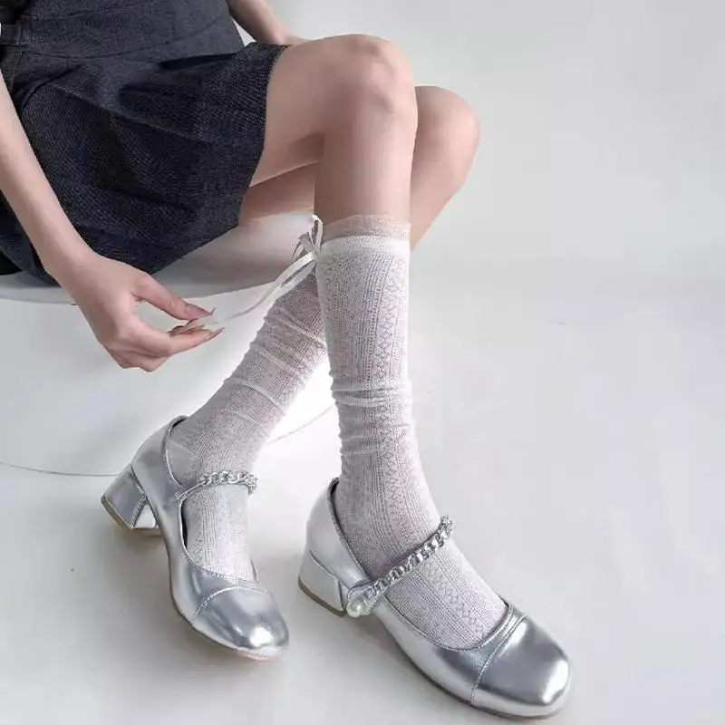 Ballet Style Summer Socks For Women Calf Length Mesh Lace Design With Bowknot Thin Slouch Socks For Daily Wear