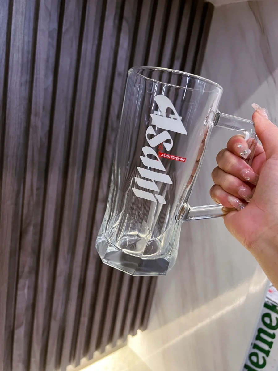 Vasos de Cerveza Asahi uesos, Vasos de Cerveza Artesanal Premium Especis para la Cocina Japonesa con Asa, Vaso de Vidrio...