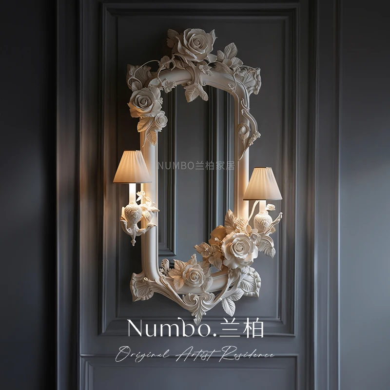 Original French carved bust mirror European living room fireplace decorative mirror beauty salon makeup mirror with lamp
