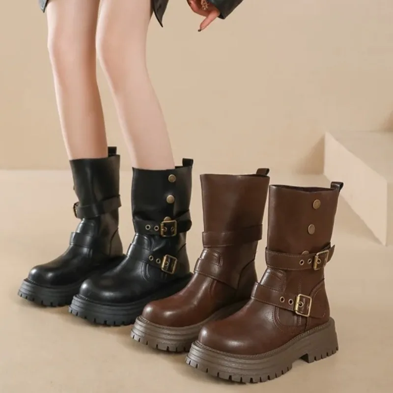 

Fashion Women's Boots New Platform Boots Leather Rock Cowboy Mid Calf Ladies Boots Heels Lace Shoes for Women Botas Para Mujer