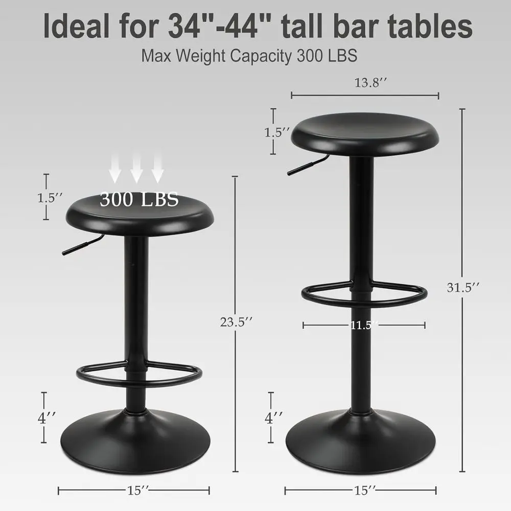 Pair of Modern Adjustable Swivel Bar Stools, Metal Counter Height, Backless for Kitchen Island or Pub, Black