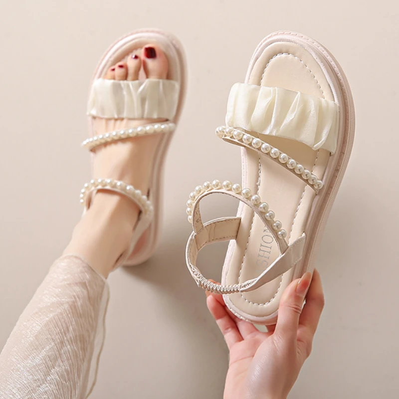 Round Toe Summer Women\'s Sandals Hollow Beach Ladies Shoes String Bead Sandals Platform Shoes for Women Pearl College Sandals