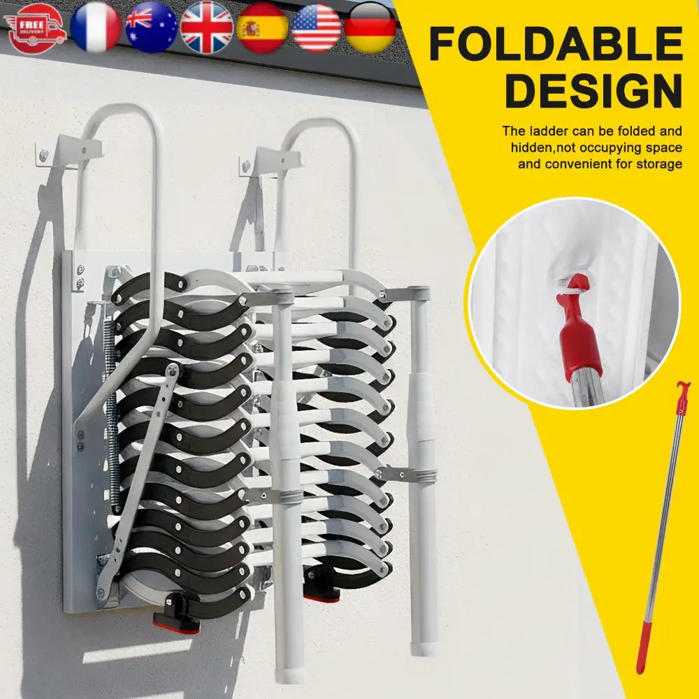 

9/11Steps Loft Foldable Ladder Wall-Mounted Invisible Pull Down Stairs with 2 Handrails for Home Indoor Outdoor