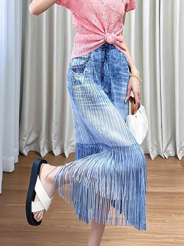 

High Waist Straight Leg Skirt Women's Denim Style Elastic Waist Tassel Skirt Pleated Half Body Skirt Commute Simple Style
