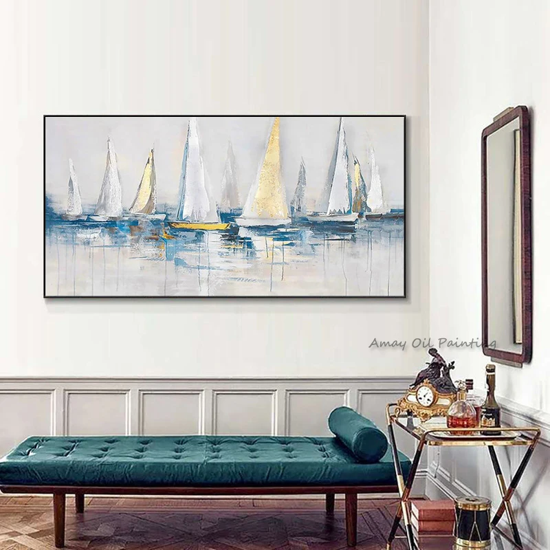 Original Handmade Textured Canvas Art, Abstract Blue Golden Sailboat Oil Painting, Minimalist Coastal Living Room Wall Decor