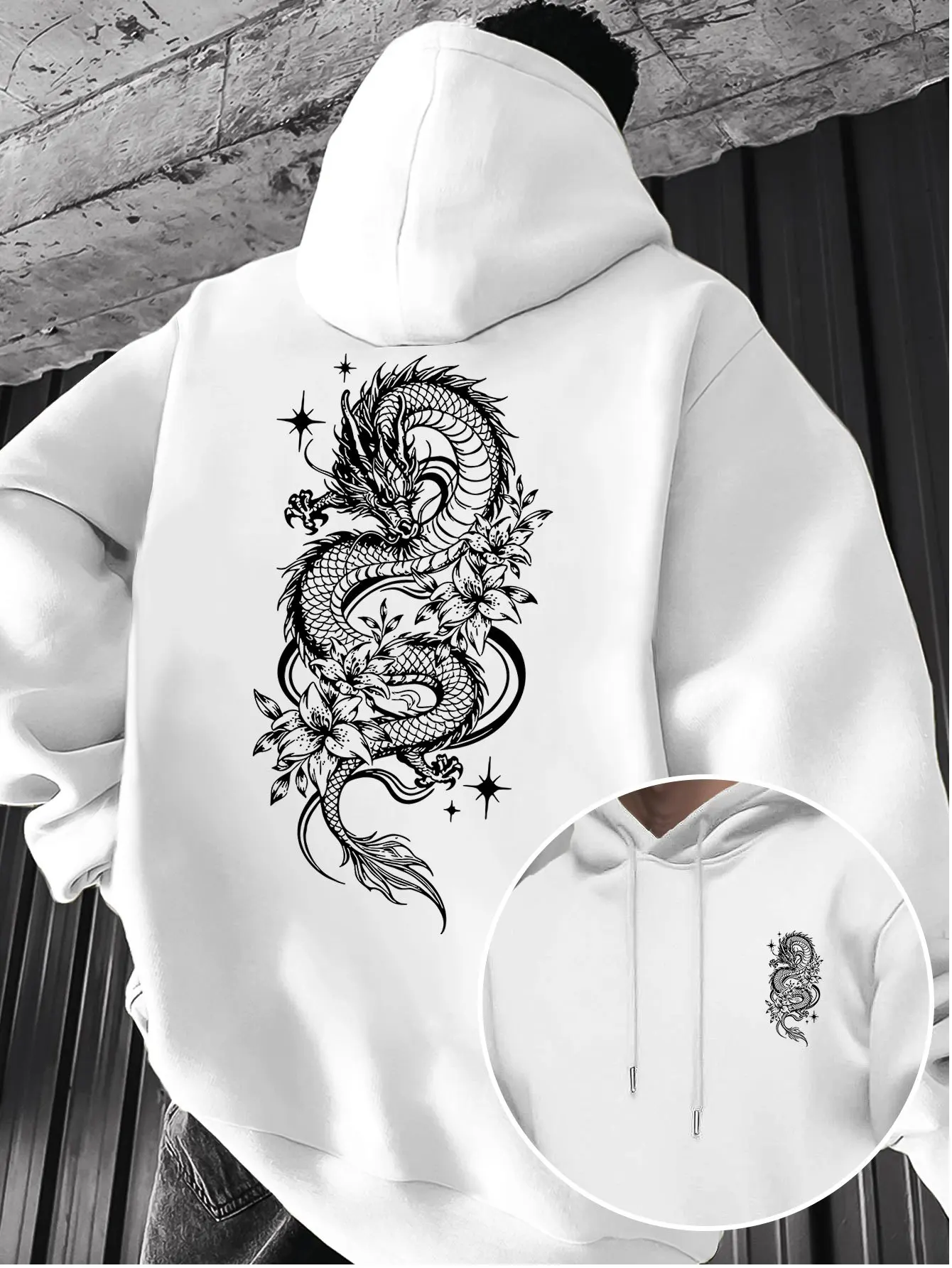 Moletom Masculino com Capuz de Fleece Estampado Floral de Dragão Japonês, Quente para o Inverno, Roupa Esportiva, Moletom Casual Solto para Treino