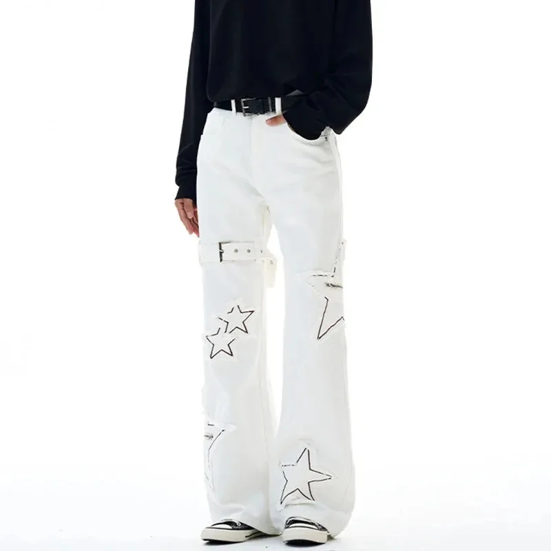 

Мужские повседневные брюки Niche Design с вышивкой в виде звезд, контрастным поясом, широкими штанинами, свободного кроя, расклешенные, стильные