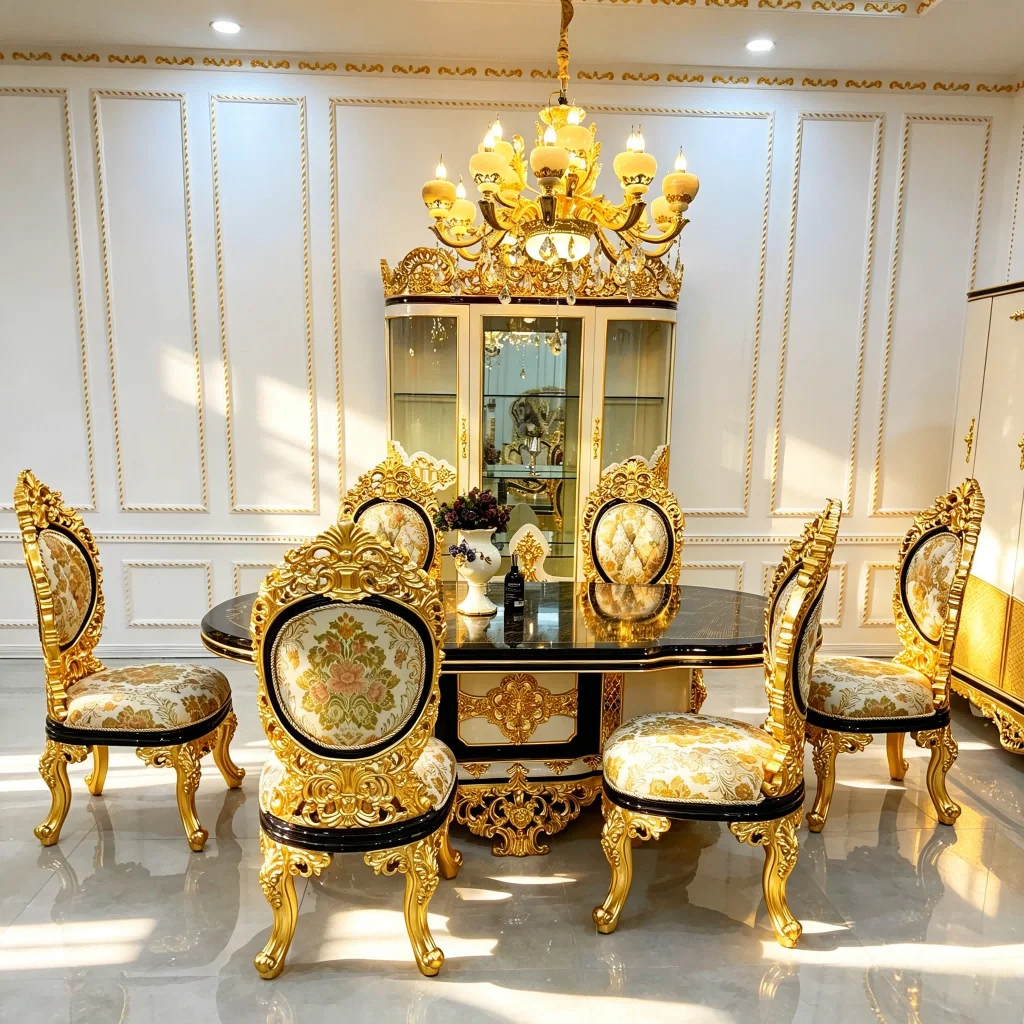 #French Court Oak Solid Wood Oval Dining Table Chair Set Carved Gilded Foil Turkish European Luxury Style Multi-function Assembl