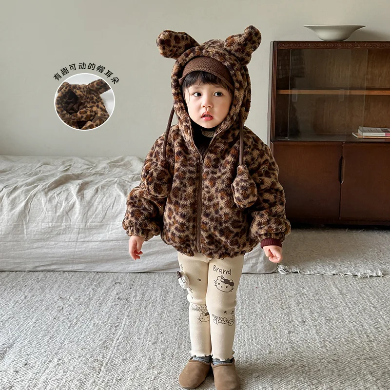 Girls Coat 2024 Winter New Childrens Clothes Korean Style Baby Girls Foreign Cute Leopard Fur Coat Casual Simple Daily