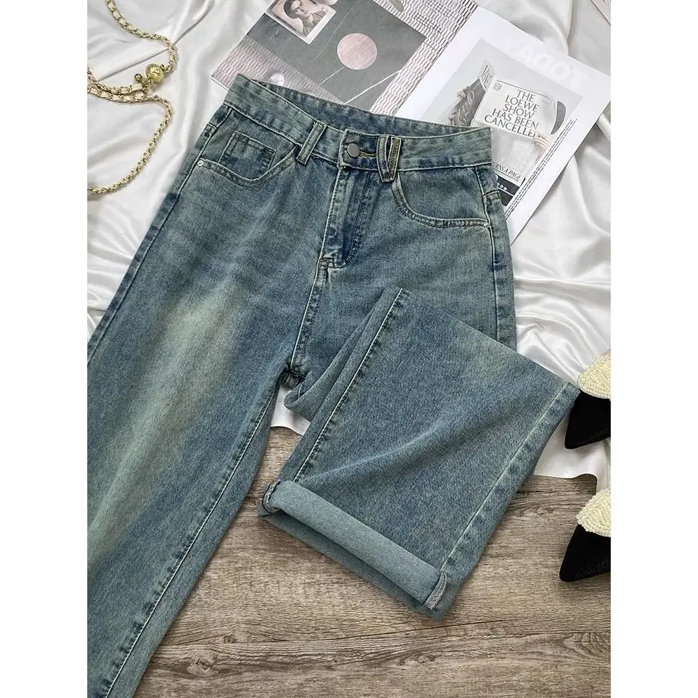 Retro blauwe wijde pijpen jeans dames dunne zomer hoge taille rechte losse kleine maat lange broek casual katoen...