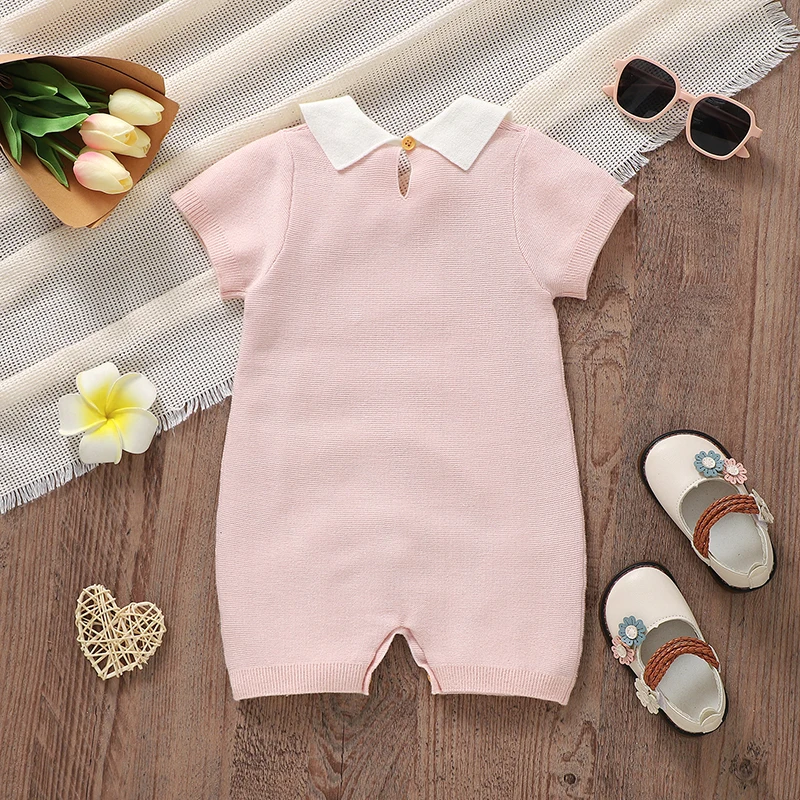 Baby Romper Knitted Newborn Toddler Clothes Fashion Solid 0-18M Overalls Playsuit Infant Girls Pink Jumpsuit Short Sleeve Summer