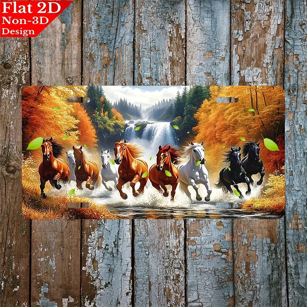 2D Flat, 2D Flat Plaque Featuring a 2D Design Depicting a Galloping Herd of Horses Through an Autumn Forest, Measuring 15.24x