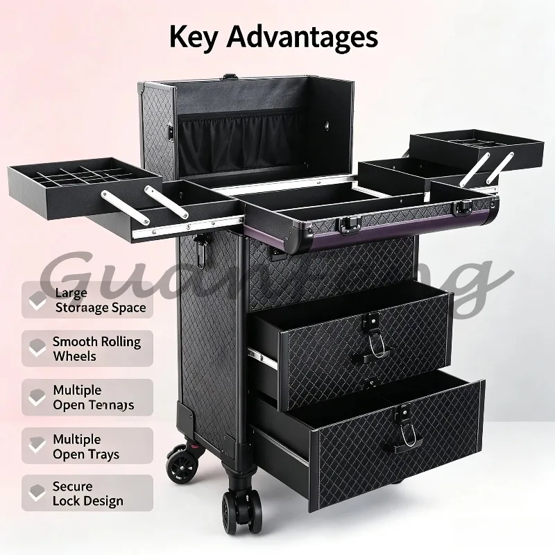 Large multi-layer lockable trolley cosmetic case portable storage case