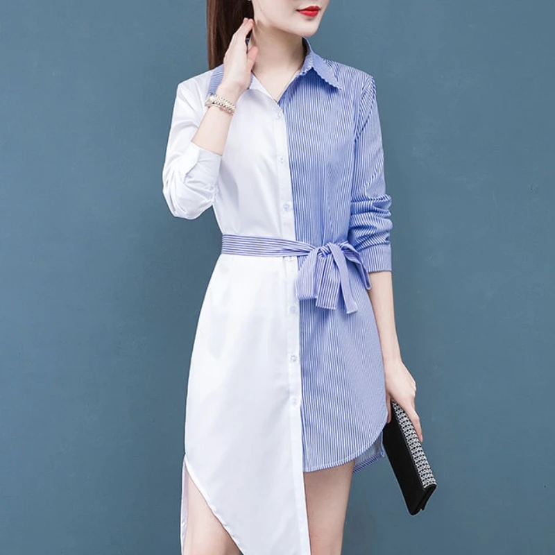 Spring Autumn Irregular Design Feeling Impossible Dresses for Women's Korean Edition Waist Waist Slimming Spliced Strip JJ7