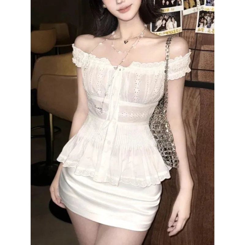 Korean Hot Girl Elegant Women Off Shoulder Hollow Lace Tie Front Slim Peplum Top + Satin Mini Skirt 2 Pieces Set Summer Outfit view 3