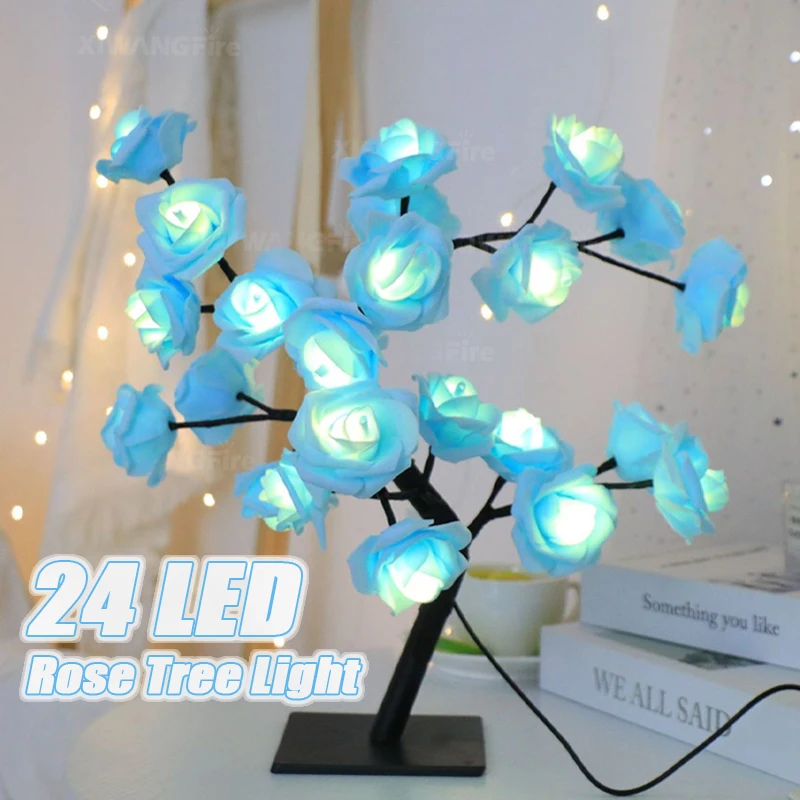 Blue Rose Flower Tree Lights 24LED USB Charge Table Lamp Fairy Night Light Home Party Christmas Wedding Bedroom Decoration Gift