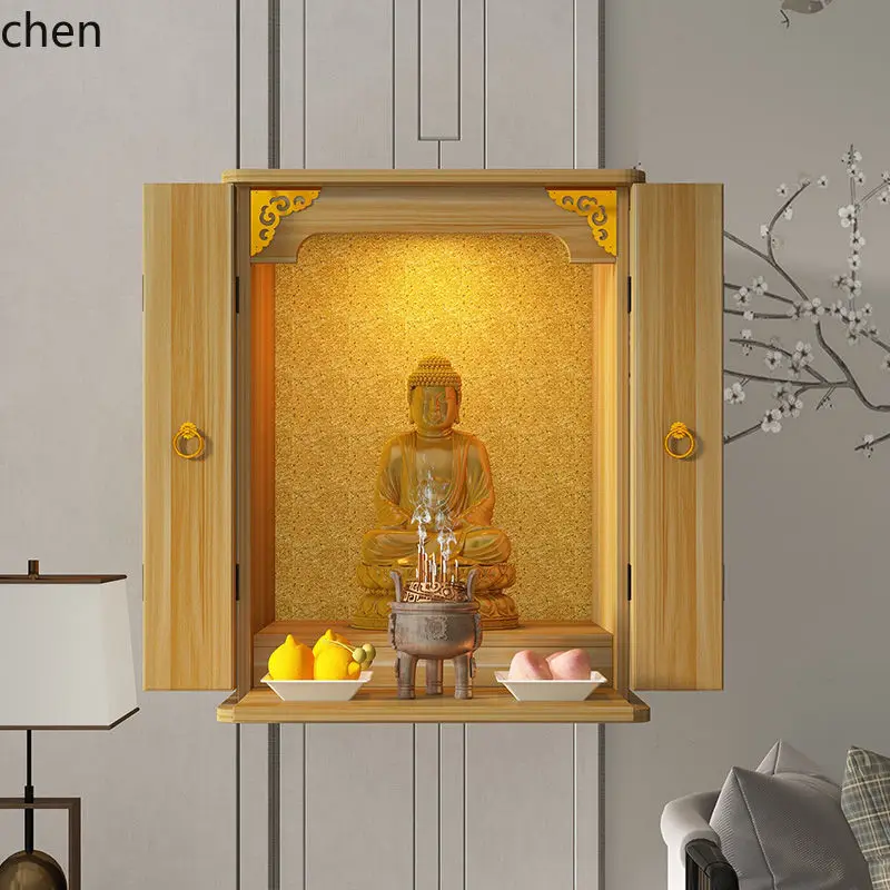 ZML Wall-Mounted Household Buddha Shrine with Door Offering Table Simple Modern God of Wealth Cabinet Altar Worship Table