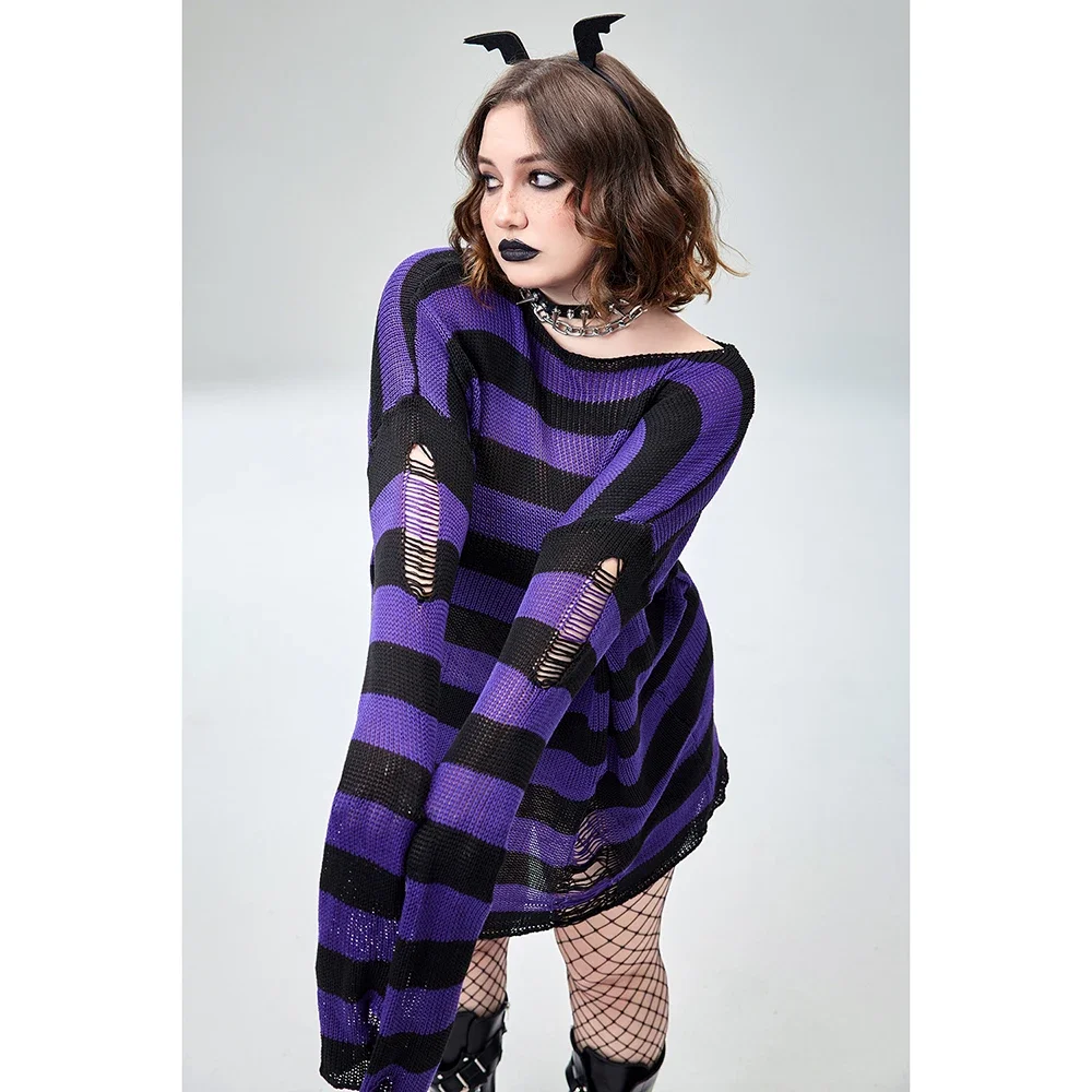 Plus Size Halloween Costume Red Gothic Crochet Round-Neck Long Sleeve Striped Sweater Fashion Mini Dress