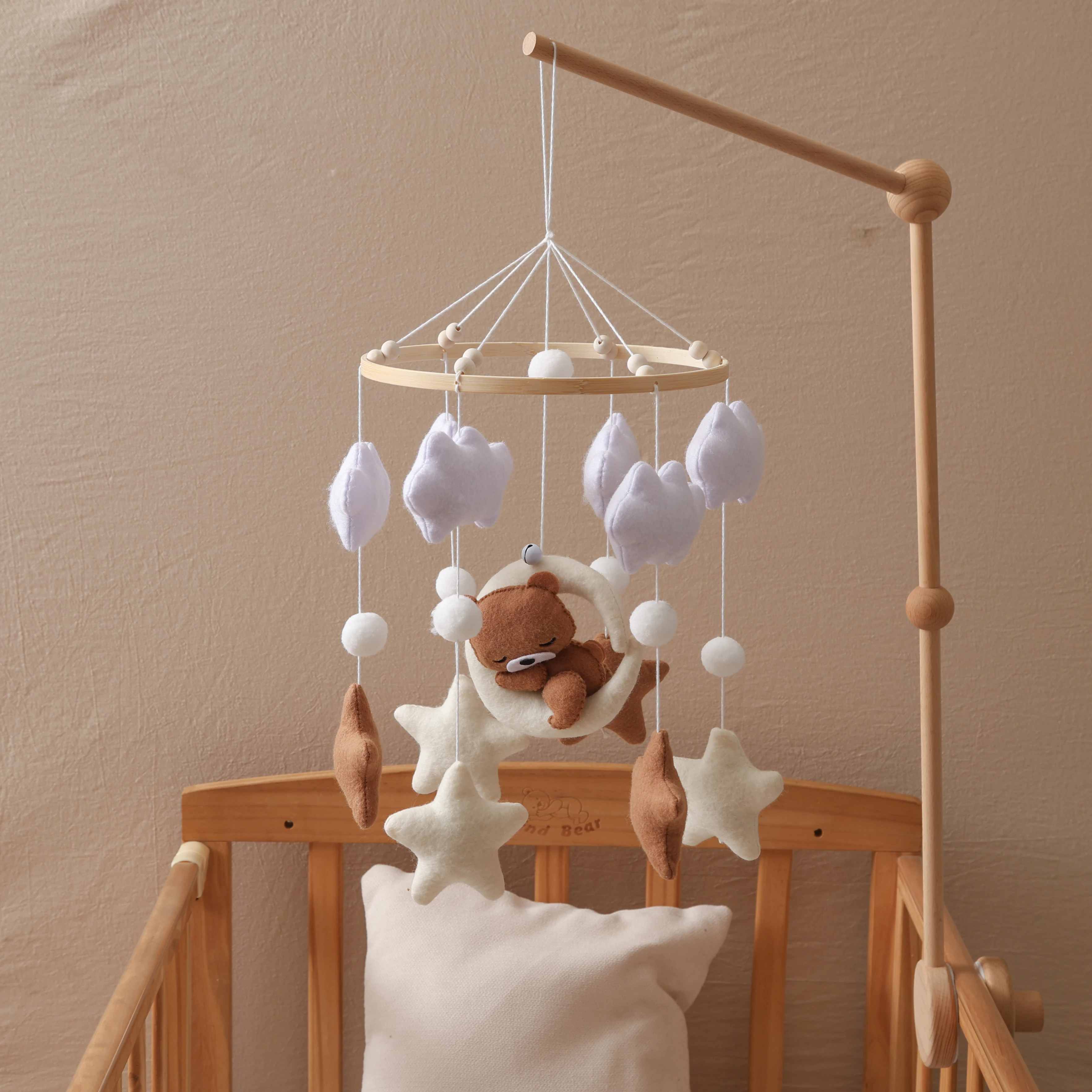 

22.86cm Gray Nylon Mobile Nursery Decor Toy with Plush Bear, Clouds & Stars - Soothing Bed Bell for Youngsters' Room