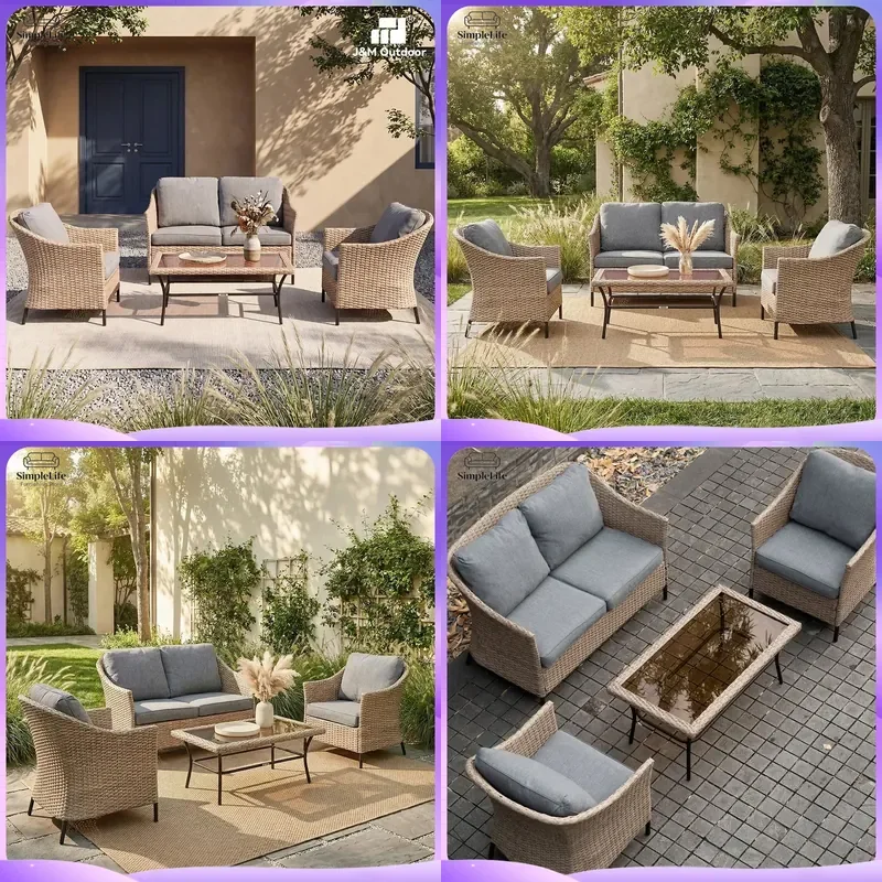 Outdoor Wrought Iron Rattan Sofa Set with Tea Table Waterproof Anti-Rust Garden Furniture for Patio Balcony Courtyard B&B