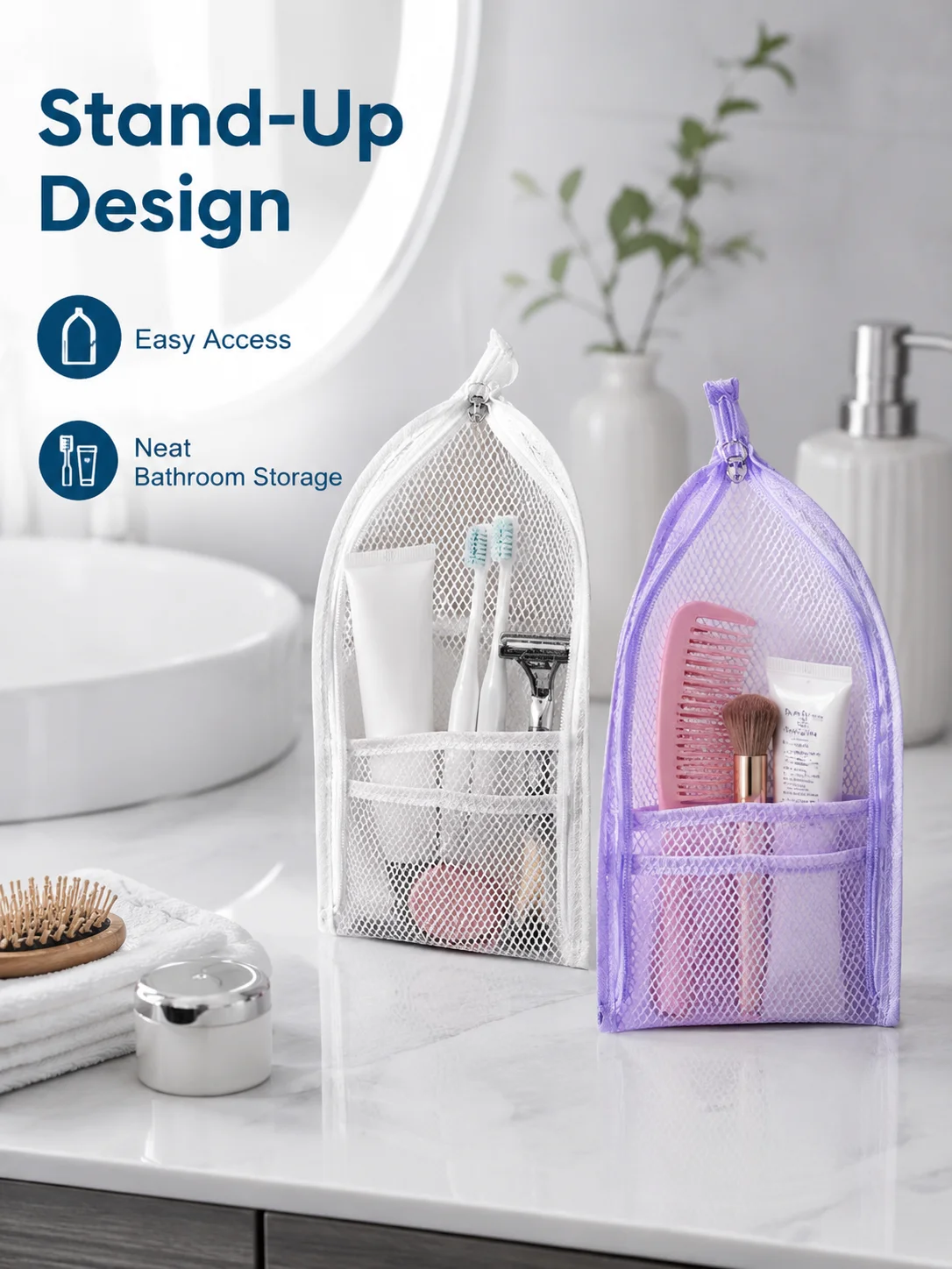 Anti-Spill Standing Makeup Pouch, Waterproof EVA Bag with Clear Mesh for Toothbrush and Cosmetic Storage