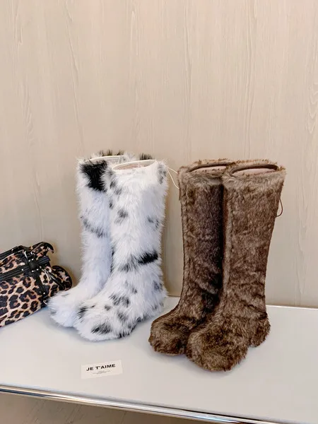 

Fur Round Toe Knee-High Platform Winter Women Snow Boots Chunky High Heels Slip On Design Large Size Warm Shoes